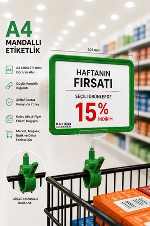 A4 Mandallı Fiyatlık | Etiketlik Sepet Raf Askılık Fiyat Etiketi Çerçeveli Market Mağaza Yeşil