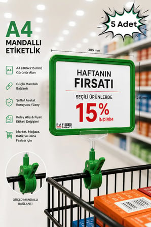 5 Adet - A4 Mandallı Fiyatlık | Etiketlik Sepet Raf Askılık Fiyat Etiketi Çerçeveli Market Mağaza Yeşil