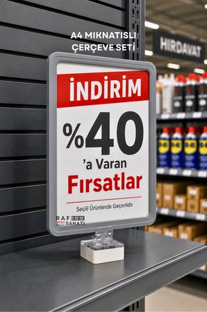 A4 Güçlü Mıknatıs Tutuculu Fiyatlık Etiketlik – Dikey Yatay ve Bilgilendirme Çerçevesi Gri