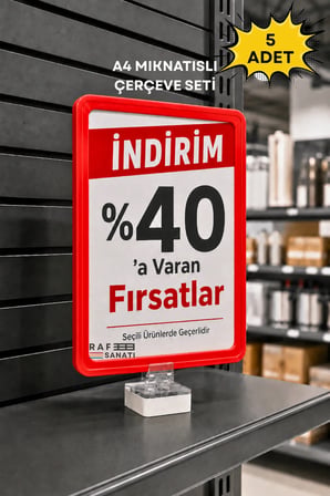 5 Adet - A4 Güçlü Mıknatıs Tutuculu Fiyatlık Etiketlik – Dikey Yatay ve Bilgilendirme Çerçevesi Kırmızı