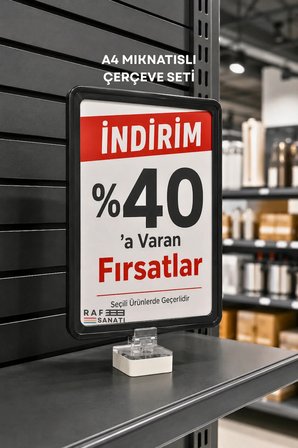 A4 Güçlü Mıknatıs Tutuculu Fiyatlık Etiketlik – Dikey Yatay ve Bilgilendirme Çerçevesi Siyah