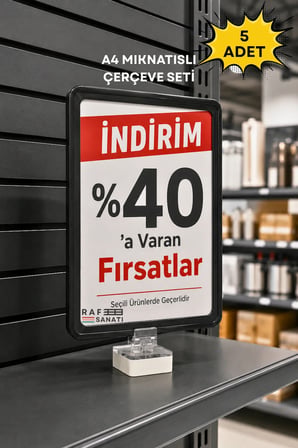 5 Adet - A4 Güçlü Mıknatıs Tutuculu Fiyatlık Etiketlik – Dikey Yatay ve Bilgilendirme Çerçevesi Siyah
