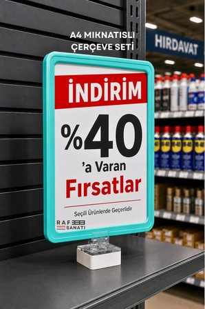 A4 Güçlü Mıknatıs Tutuculu Fiyatlık Etiketlik – Dikey Yatay ve Bilgilendirme Çerçevesi Turkuaz