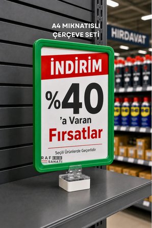 A4 Güçlü Mıknatıs Tutuculu Fiyatlık Etiketlik – Dikey Yatay ve Bilgilendirme Çerçevesi Yeşil
