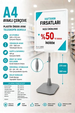 A4 Ayaklı Fiyat Etiketlik Teleskopik Borulu Çerçeve Etiketlik Yönlendirme Levhası Menü Panosu Beyaz