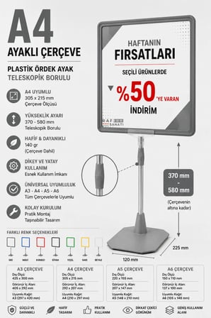 A4 Ayaklı Fiyat Etiketlik Teleskopik Borulu Çerçeve Etiketlik Yönlendirme Levhası Menü Panosu Gri
