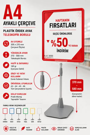 A4 Ayaklı Fiyat Etiketlik Teleskopik Borulu Çerçeve Etiketlik Yönlendirme Levhası Menü Panosu Kırmızı