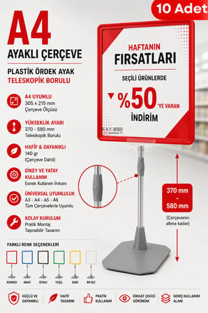 10 Adet - A4 Ayaklı Fiyat Etiketlik Teleskopik Borulu Çerçeve Etiketlik Yönlendirme Levhası Menü Panosu Kırmızı
