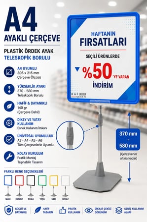 A4 Ayaklı Fiyat Etiketlik Teleskopik Borulu Çerçeve Etiketlik Yönlendirme Levhası Menü Panosu Mavi