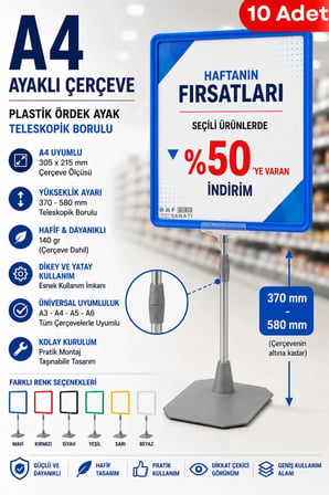 10 Adet - A4 Ayaklı Fiyat Etiketlik Teleskopik Borulu Çerçeve Etiketlik Yönlendirme Levhası Menü Panosu Mavi
