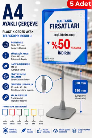 5 Adet - A4 Ayaklı Fiyat Etiketlik Teleskopik Borulu Çerçeve Etiketlik Yönlendirme Levhası Menü Panosu Mavi