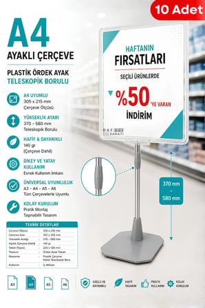 10 Adet - A4 Ayaklı Fiyat Etiketlik Teleskopik Borulu Çerçeve Etiketlik Yönlendirme Levhası Menü Panosu Şeffaf