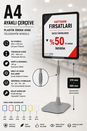 A4 Ayaklı Fiyat Etiketlik Teleskopik Borulu Çerçeve Etiketlik Yönlendirme Levhası Menü Panosu Siyah