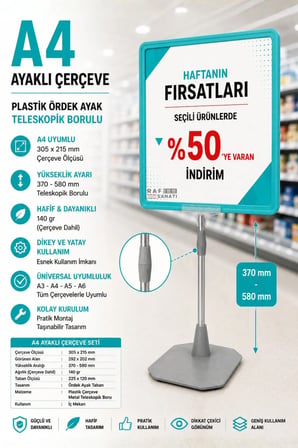 A4 Ayaklı Fiyat Etiketlik Teleskopik Borulu Çerçeve Etiketlik Yönlendirme Levhası Menü Panosu Turkuaz