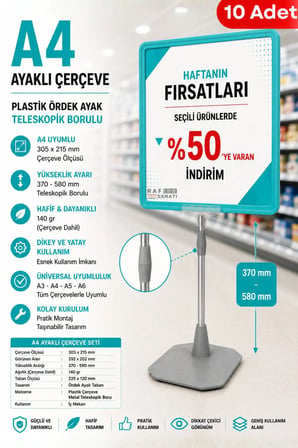 10 Adet - A4 Ayaklı Fiyat Etiketlik Teleskopik Borulu Çerçeve Etiketlik Yönlendirme Levhası Menü Panosu Turkuaz