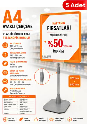 5 Adet - A4 Ayaklı Fiyat Etiketlik Teleskopik Borulu Çerçeve Etiketlik Yönlendirme Levhası Menü Panosu Turuncu