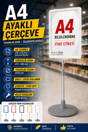 A4 Ayaklı Çerçeve Seti Yuvarlak Tabanlı Teleskopik Fiyat Etiketi Standı Beyaz
