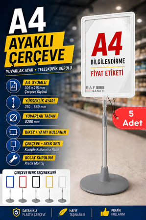 5 Adet - A4 Ayaklı Çerçeve Seti Yuvarlak Tabanlı Teleskopik Fiyat Etiketi Standı Beyaz