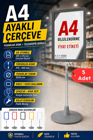 5 Adet - A4 Ayaklı Çerçeve Seti Yuvarlak Tabanlı Teleskopik Fiyat Etiketi Standı Gri