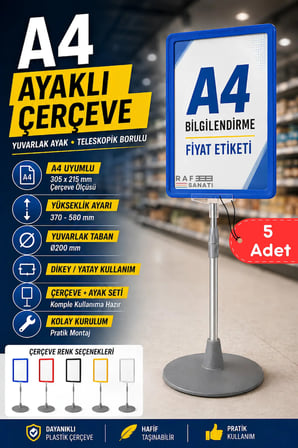 5 Adet - A4 Ayaklı Çerçeve Seti Yuvarlak Tabanlı Teleskopik Fiyat Etiketi Standı Mavi