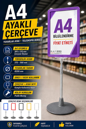 A4 Ayaklı Çerçeve Seti Yuvarlak Tabanlı Teleskopik Fiyat Etiketi Standı Mor