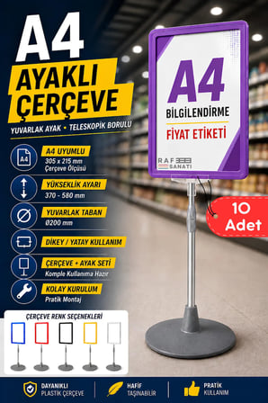 10 Adet - A4 Ayaklı Çerçeve Seti Yuvarlak Tabanlı Teleskopik Fiyat Etiketi Standı Mor