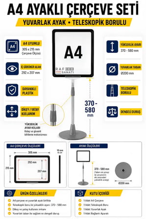 10 Adet - A4 Ayaklı Çerçeve Seti Yuvarlak Tabanlı Teleskopik Fiyat Etiketi Standı Mor