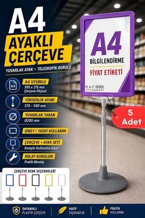 5 Adet - A4 Ayaklı Çerçeve Seti Yuvarlak Tabanlı Teleskopik Fiyat Etiketi Standı Mor