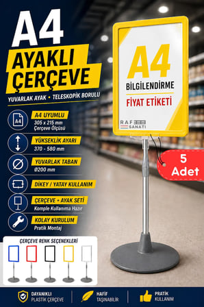 5 Adet - A4 Ayaklı Çerçeve Seti Yuvarlak Tabanlı Teleskopik Fiyat Etiketi Standı Sarı