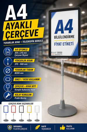 A4 Ayaklı Çerçeve Seti Yuvarlak Tabanlı Teleskopik Fiyat Etiketi Standı Siyah