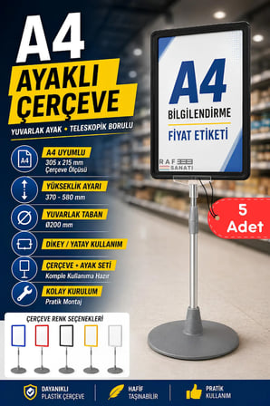 5 Adet - A4 Ayaklı Çerçeve Seti Yuvarlak Tabanlı Teleskopik Fiyat Etiketi Standı Siyah