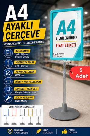 5 Adet - A4 Ayaklı Çerçeve Seti Yuvarlak Tabanlı Teleskopik Fiyat Etiketi Standı Turkuaz