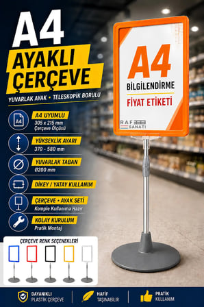 A4 Ayaklı Çerçeve Seti Yuvarlak Tabanlı Teleskopik Fiyat Etiketi Standı Turuncu
