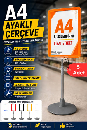 5 Adet - A4 Ayaklı Çerçeve Seti Yuvarlak Tabanlı Teleskopik Fiyat Etiketi Standı Turuncu