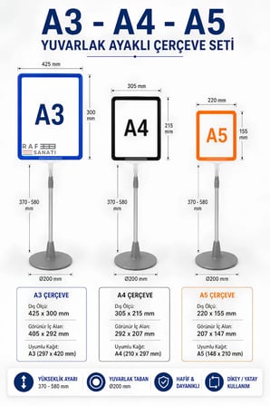 A4 Ayaklı Çerçeve Seti Yuvarlak Tabanlı Teleskopik Fiyat Etiketi Standı Yeşil