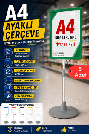 5 Adet - A4 Ayaklı Çerçeve Seti Yuvarlak Tabanlı Teleskopik Fiyat Etiketi Standı Yeşil