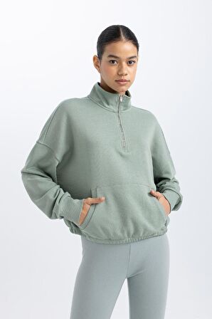 DeFactoFit Crop Dik Yaka Etek Ucu Lastikli Basic Düz Sporcu Sweatshirt C3747AX24SPGN920