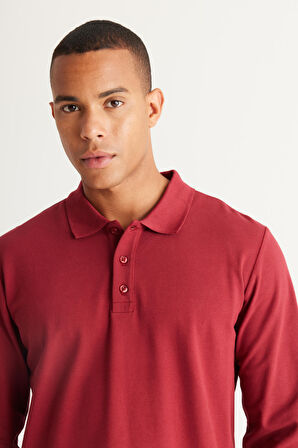 Erkek Bordo Standart Fit Normal Kesim 3 Iplik Içi Polarlı %100 Pamuk Polo Yaka Sweatshirt