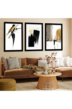 Gold Aynalı Pleksi Çerçeveli Bozkurt Üçlü Mdf Tablo Seti
