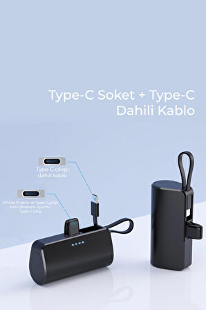 Type-C Soketli Mini Powerbank 5000mAh 2 Type-C Port Dahili Kablolu Taşınabilir Şarj Cihazı Siyah