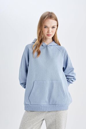 DeFacto Oversize Geniş Kalıp Kapüşonlu Kanguru Cepli Kalın Basic Düz Sweatshirt C7805AX24WNBE755