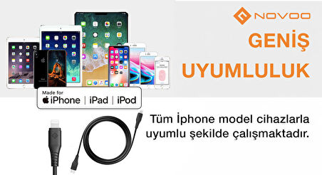 Novoo Type-C iPhone Lightning Hızlı Şarj Kablosu Siyah 1.2 Metre