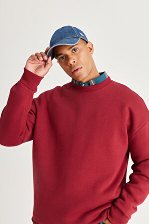 Erkek Bordo Oversize Bol Kesim Içi Polarlı 3 Iplik Bisiklet Yaka Pamuklu Sweatshirt