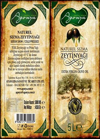 AGONYA Naturel Sızma Zeytinyağı (Soğuk Sıkım) 5 L.