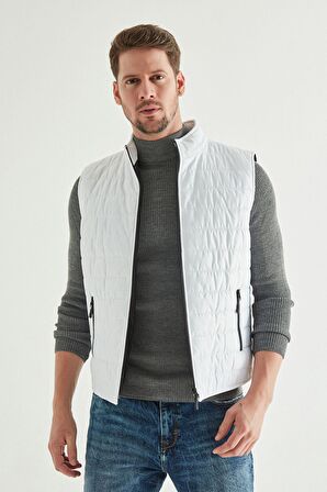Regular Fit Beyaz Dik Yaka Elyaf Dolgulu Mevsimlik Fermuarlı Yelek Mont 7HF07ORT42611