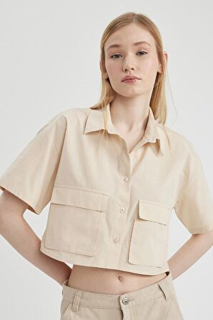 DeFacto Coool Oversize Geniş Kalıp Poplin Kısa Kollu Crop Gömlek C0739AX24SPBG360