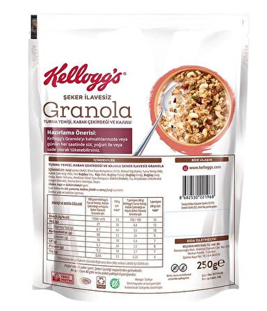 KELLOGG'S ŞEKER İLAVESİZ GRANOLA TURNA YEMİŞİ, KABAK ÇEKİRDEĞİ VE KAJULU  250 GR,%42 YULAF İÇERİR, LİF KAYNAĞI