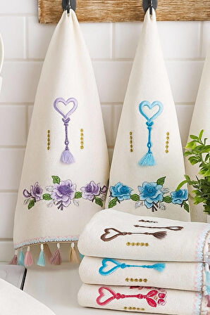 6 lı Kalp Çiçek Nakışlı Mutfak Havlusu Püsküllü Hediyelik Çeyizlik Kalpli Mutfak Havlu Takımı 30 x 50 Cm
