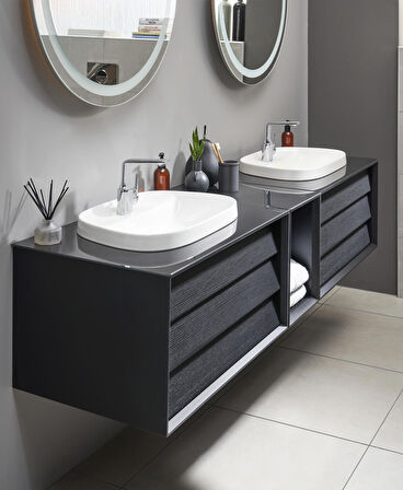 VitrA Frame 61229 Lavabo Dolabı, Çift Çekmeceli, Etajerli Lavabolu,80cm, Mat Soft-HareliSiyah