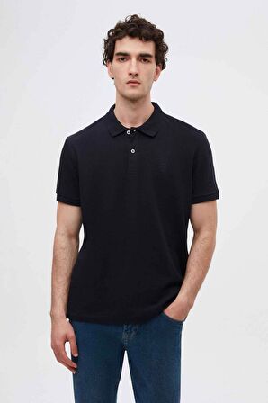 Regular Fit Lacivert Pike Dokulu %100 Pamuk Kıvrılmaz Polo Yaka Nakışlı T-shirt 4HC14ORT51000